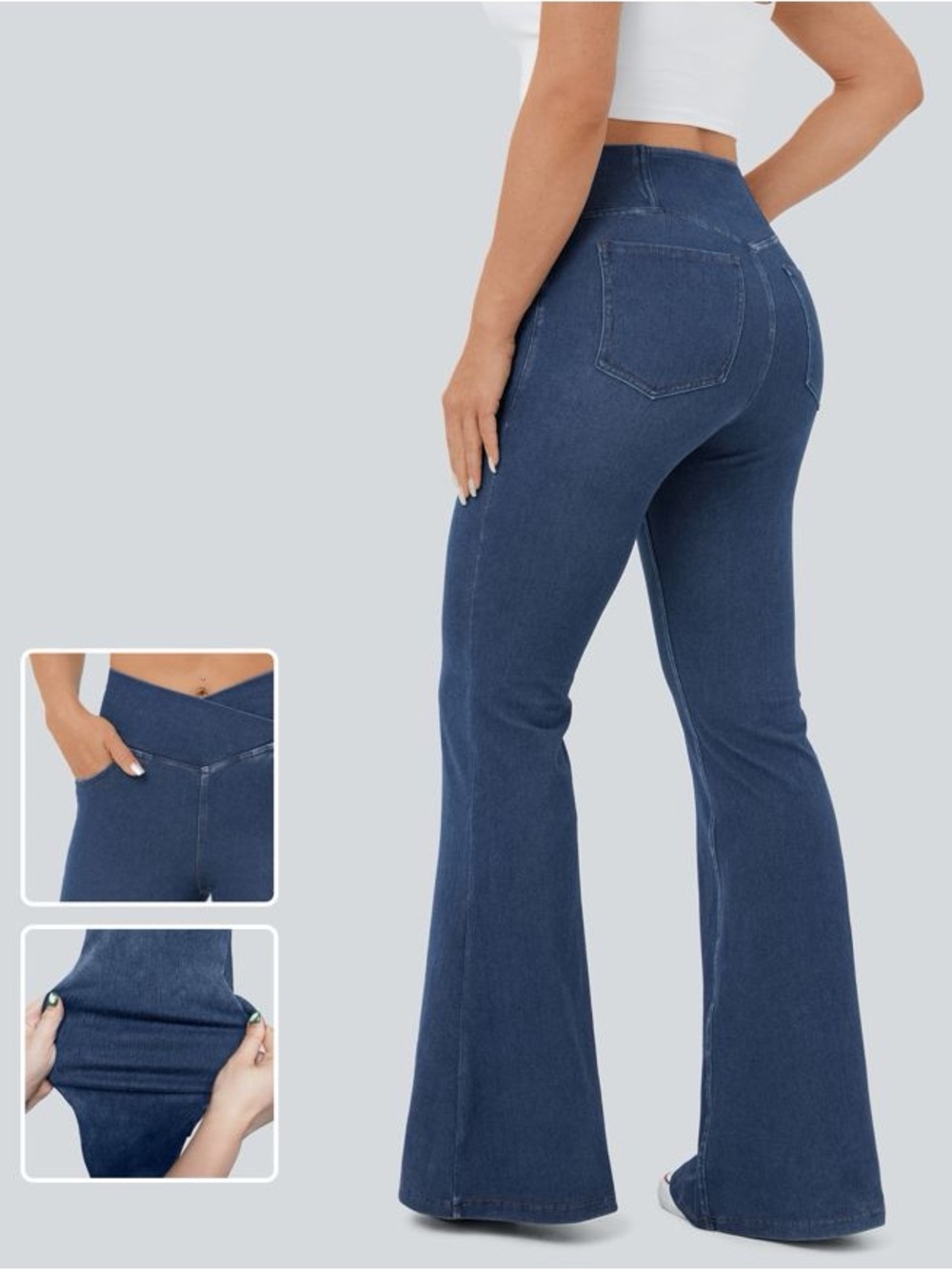 Halara Flex High Waisted Crossover InstantCool Flare Bellbottom Denim TALL LARGE - Picture 2 of 7